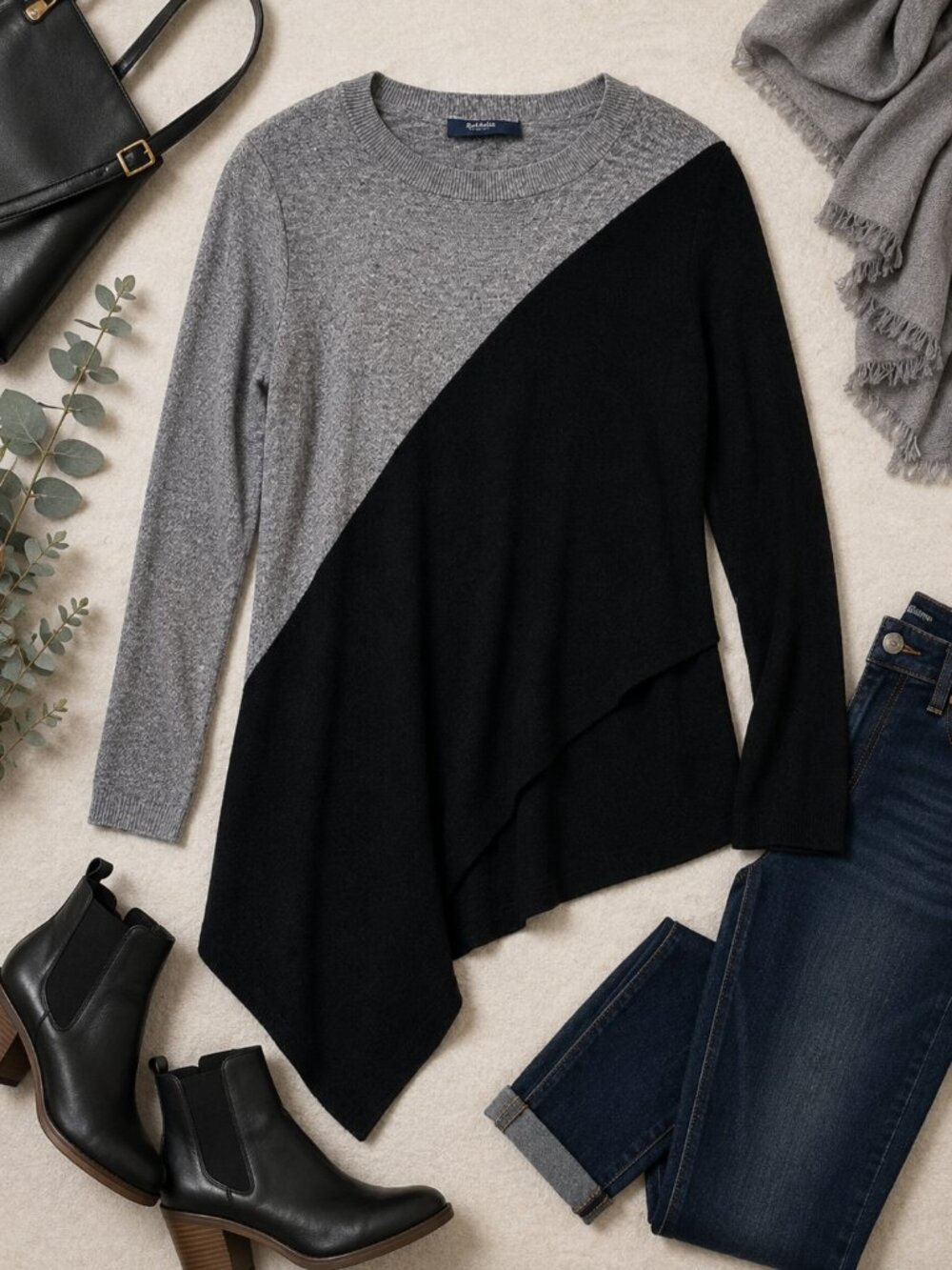 Elpam | Boat Neck Asymmetrical Black & Gray Colorblock Knit Sweater | Sz L